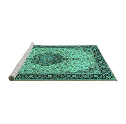 Sideview of Machine Washable Medallion Turquoise Traditional Area Rugs, wshtr2625turq