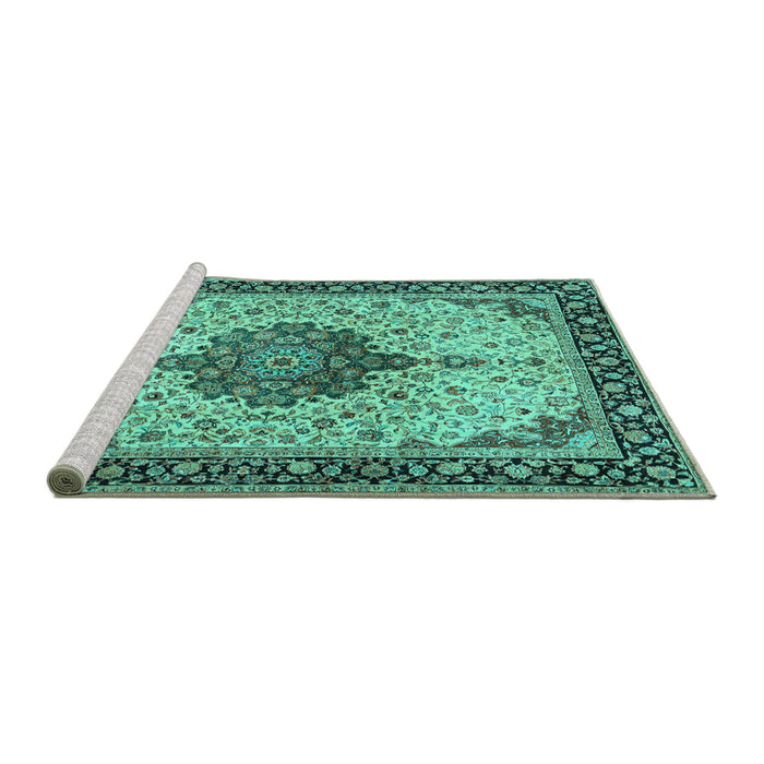 Sideview of Machine Washable Medallion Turquoise Traditional Area Rugs, wshtr2625turq