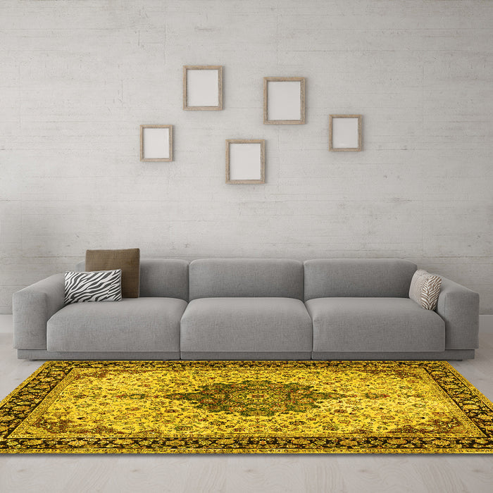 Machine Washable Medallion Yellow Traditional Rug in a Living Room, wshtr2625yw