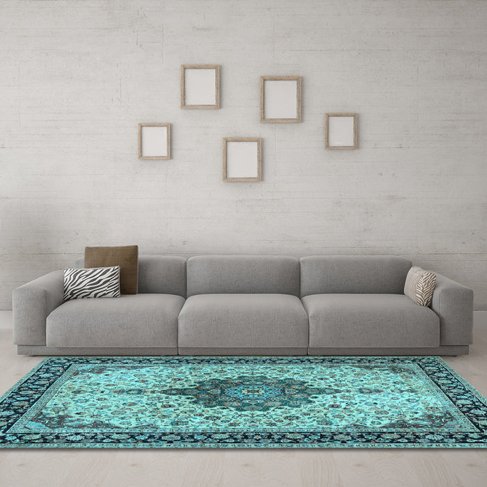 Machine Washable Medallion Light Blue Traditional Rug in a Living Room, wshtr2625lblu