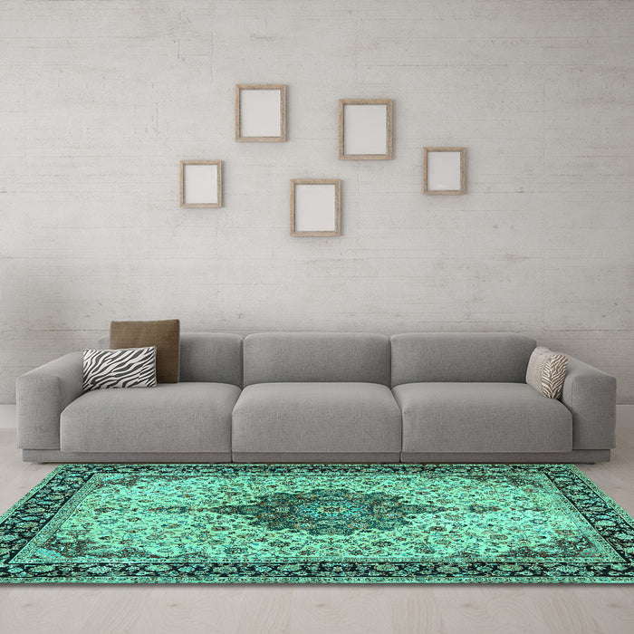 Machine Washable Medallion Turquoise Traditional Area Rugs in a Living Room,, wshtr2625turq