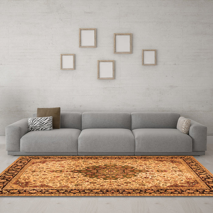 Machine Washable Medallion Orange Traditional Area Rugs in a Living Room, wshtr2625org