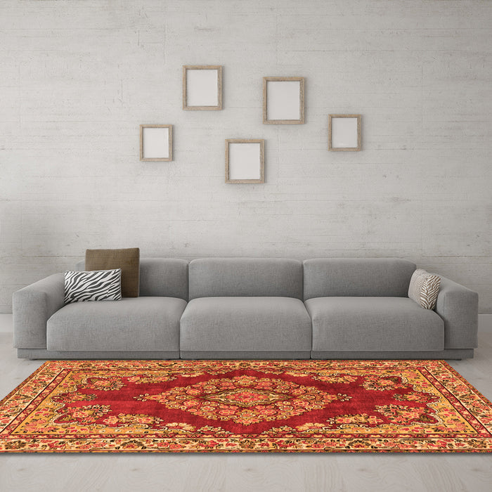 Machine Washable Medallion Orange Traditional Area Rugs in a Living Room, wshtr2626org