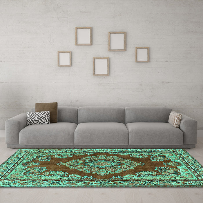 Machine Washable Medallion Turquoise Traditional Area Rugs in a Living Room,, wshtr2626turq