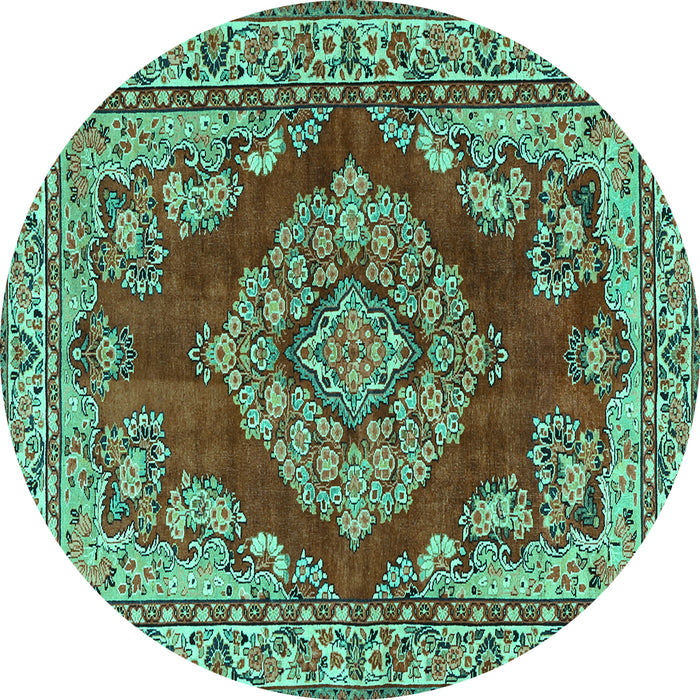 Round Machine Washable Medallion Turquoise Traditional Area Rugs, wshtr2626turq