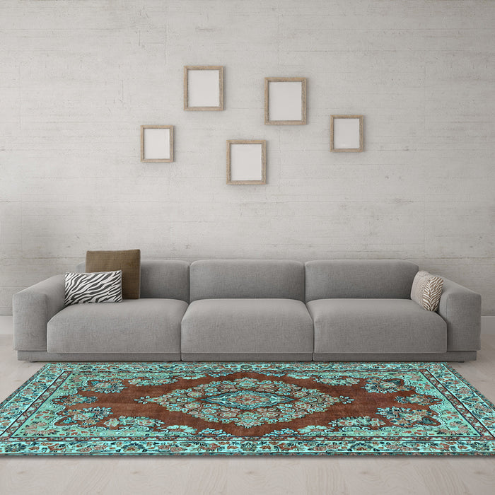 Machine Washable Medallion Light Blue Traditional Rug in a Living Room, wshtr2626lblu