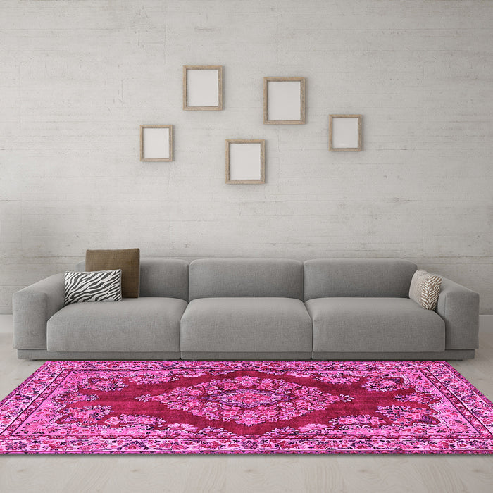 Machine Washable Medallion Pink Traditional Rug in a Living Room, wshtr2626pnk