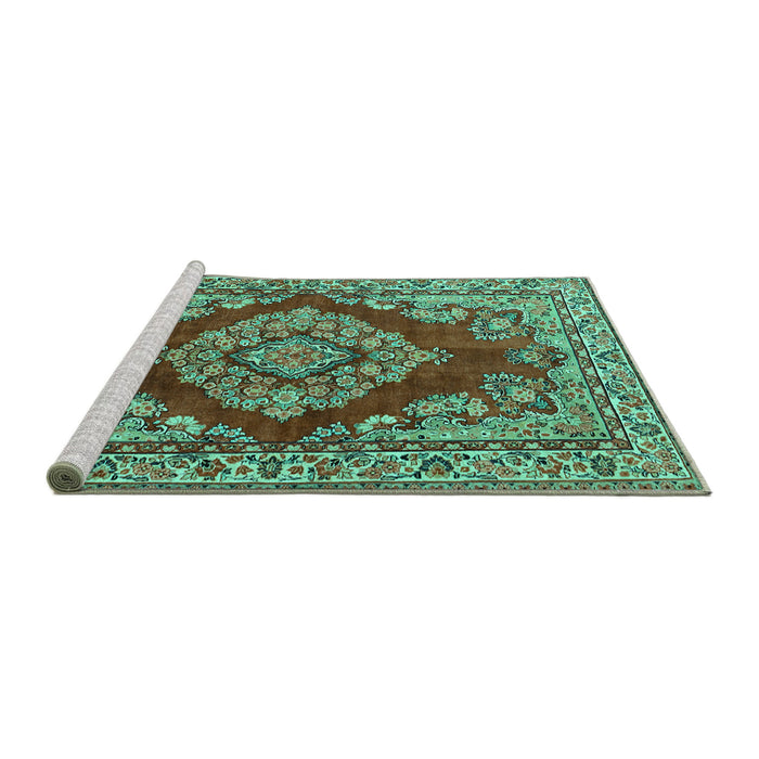 Sideview of Machine Washable Medallion Turquoise Traditional Area Rugs, wshtr2626turq