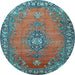 Round Machine Washable Medallion Light Blue Traditional Rug, wshtr262lblu