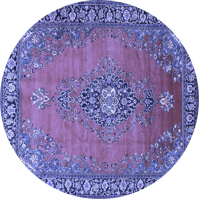 Round Machine Washable Medallion Blue Traditional Rug, wshtr262blu