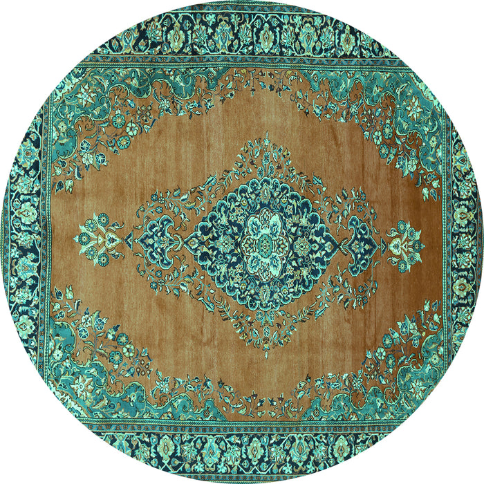 Round Machine Washable Medallion Turquoise Traditional Area Rugs, wshtr262turq