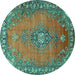 Round Machine Washable Medallion Turquoise Traditional Area Rugs, wshtr262turq