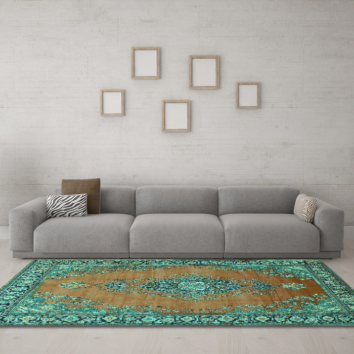 Machine Washable Medallion Turquoise Traditional Area Rugs in a Living Room,, wshtr262turq