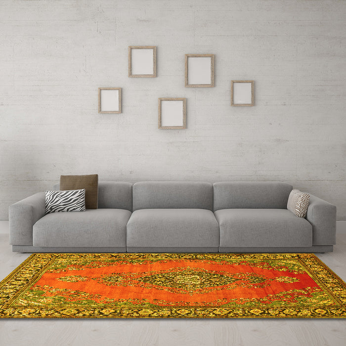 Machine Washable Medallion Yellow Traditional Rug in a Living Room, wshtr262yw