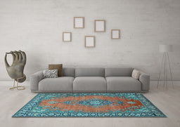 Machine Washable Medallion Light Blue Traditional Rug in a Living Room, wshtr262lblu