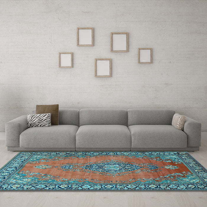 Machine Washable Medallion Light Blue Traditional Rug in a Living Room, wshtr262lblu
