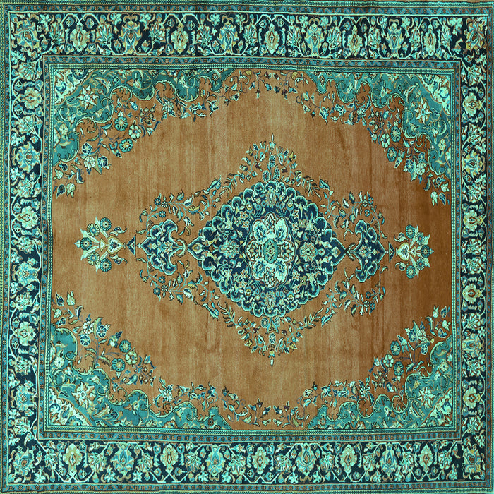 Square Machine Washable Medallion Turquoise Traditional Area Rugs, wshtr262turq