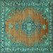 Square Machine Washable Medallion Turquoise Traditional Area Rugs, wshtr262turq