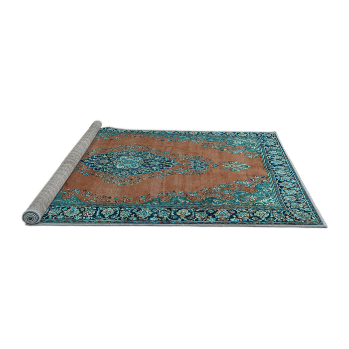 Sideview of Machine Washable Medallion Light Blue Traditional Rug, wshtr262lblu