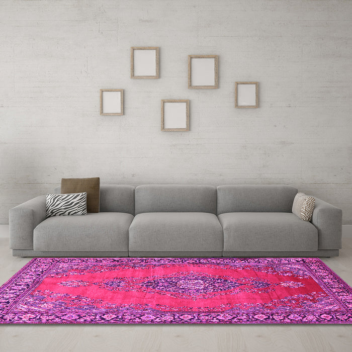 Machine Washable Medallion Pink Traditional Rug in a Living Room, wshtr262pnk