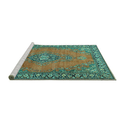 Sideview of Machine Washable Medallion Turquoise Traditional Area Rugs, wshtr262turq