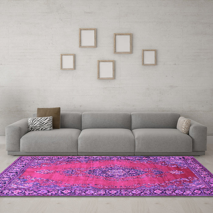 Machine Washable Medallion Purple Traditional Area Rugs in a Living Room, wshtr262pur