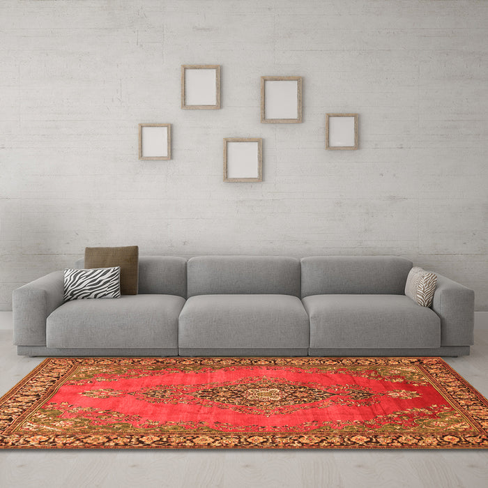 Machine Washable Medallion Orange Traditional Area Rugs in a Living Room, wshtr262org