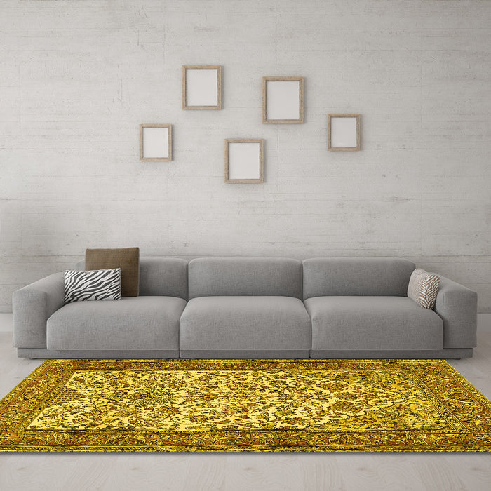 Machine Washable Persian Yellow Traditional Rug in a Living Room, wshtr2630yw
