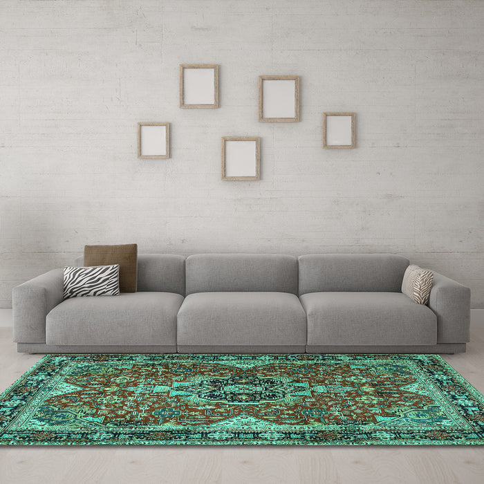 Machine Washable Persian Turquoise Traditional Area Rugs in a Living Room,, wshtr2631turq