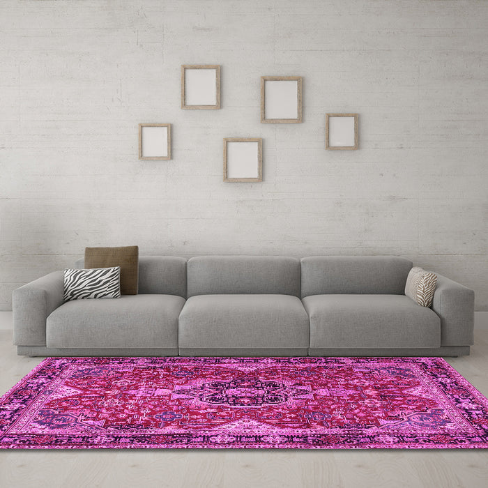 Machine Washable Persian Pink Traditional Rug in a Living Room, wshtr2631pnk