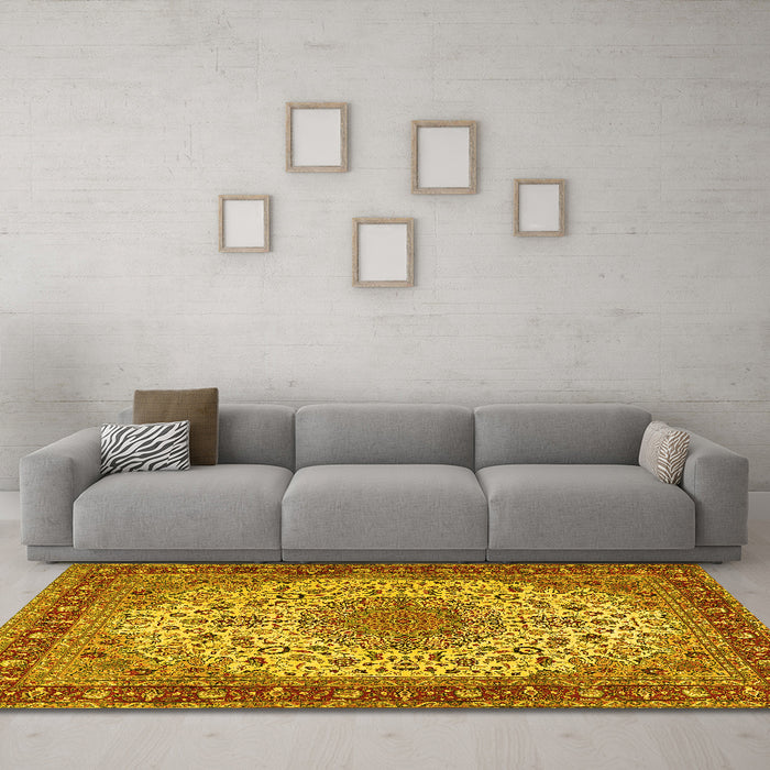 Machine Washable Persian Yellow Traditional Rug in a Living Room, wshtr2632yw