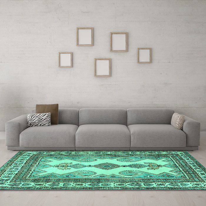 Machine Washable Persian Turquoise Traditional Area Rugs in a Living Room,, wshtr2633turq