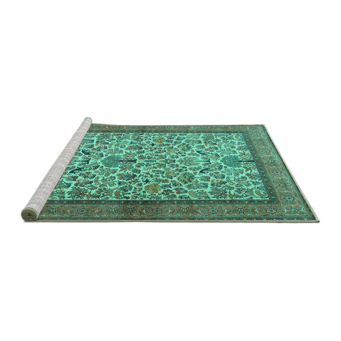 Sideview of Machine Washable Persian Turquoise Traditional Area Rugs, wshtr2634turq