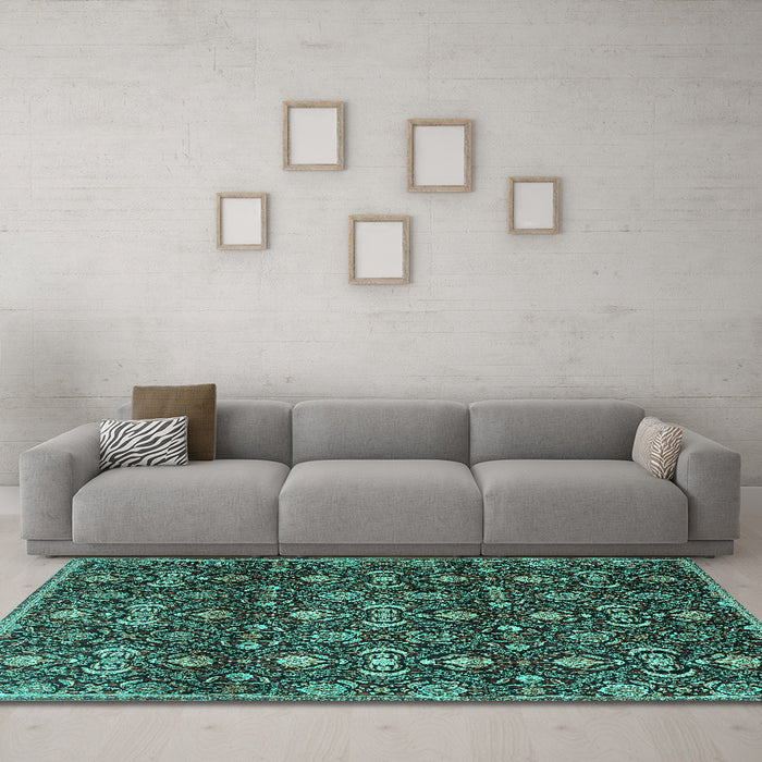 Machine Washable Persian Turquoise Traditional Area Rugs in a Living Room,, wshtr2635turq