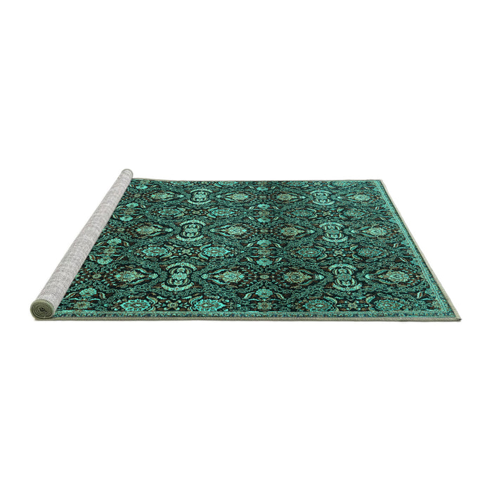 Sideview of Machine Washable Persian Turquoise Traditional Area Rugs, wshtr2635turq
