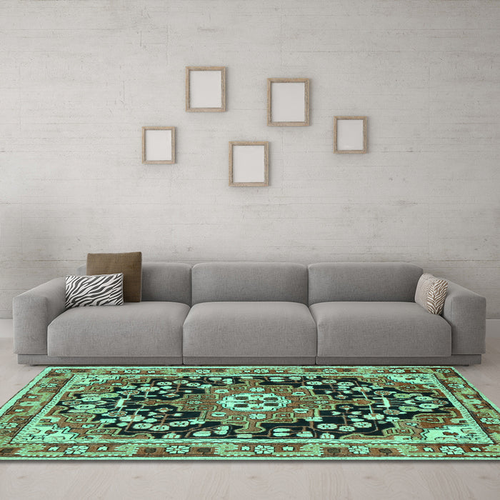 Machine Washable Persian Turquoise Traditional Area Rugs in a Living Room,, wshtr2637turq