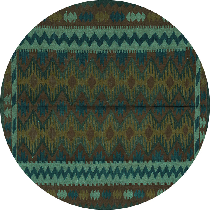 Round Machine Washable Southwestern Turquoise Country Area Rugs, wshtr2638turq