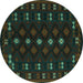 Round Machine Washable Southwestern Turquoise Country Area Rugs, wshtr2639turq