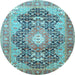 Round Machine Washable Medallion Light Blue Traditional Rug, wshtr263lblu