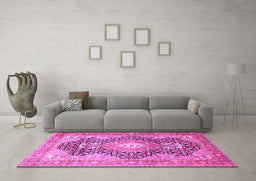 Machine Washable Medallion Pink Traditional Rug in a Living Room, wshtr263pnk
