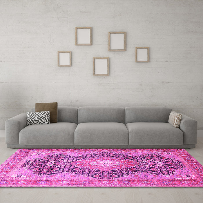 Machine Washable Medallion Pink Traditional Rug in a Living Room, wshtr263pnk