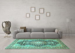 Machine Washable Medallion Turquoise Traditional Area Rugs in a Living Room,, wshtr263turq