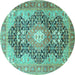 Round Machine Washable Medallion Turquoise Traditional Area Rugs, wshtr263turq