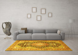 Machine Washable Medallion Yellow Traditional Rug in a Living Room, wshtr263yw