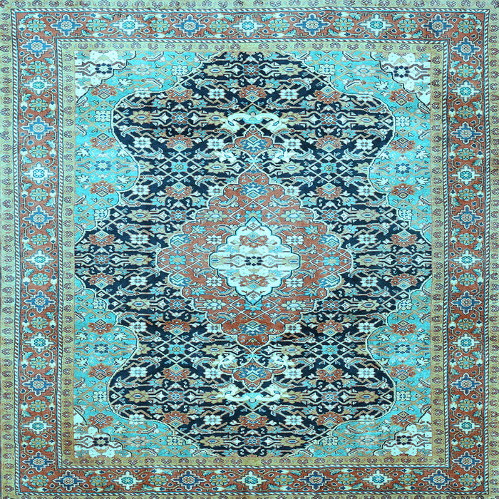 Square Machine Washable Medallion Light Blue Traditional Rug, wshtr263lblu