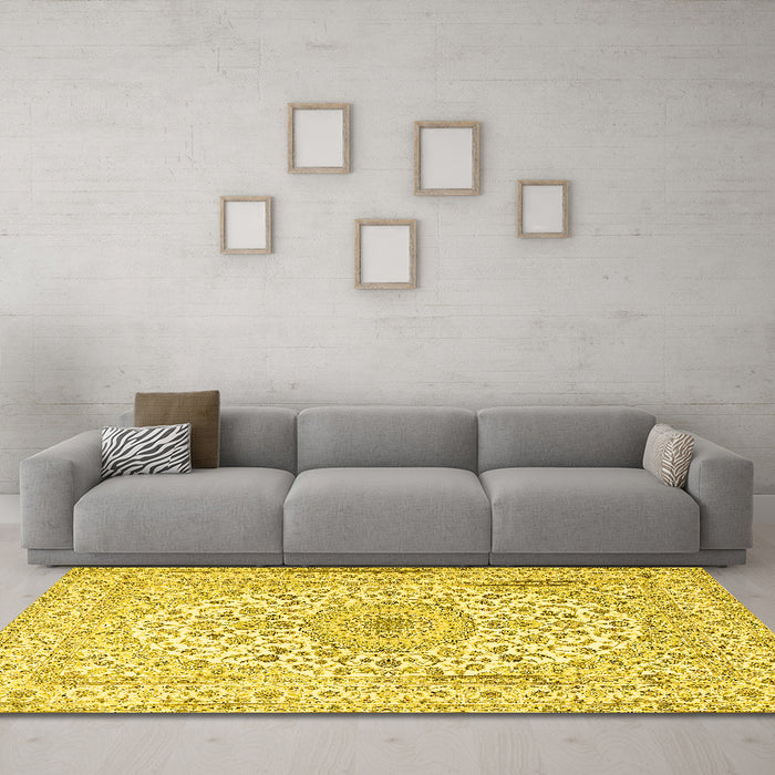 Machine Washable Medallion Yellow Traditional Rug in a Living Room, wshtr2642yw