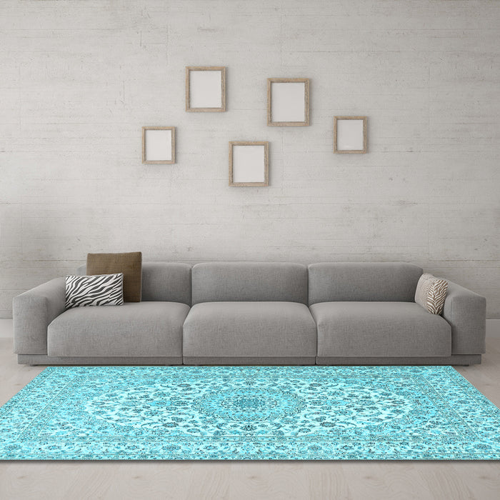 Machine Washable Medallion Light Blue Traditional Rug in a Living Room, wshtr2642lblu