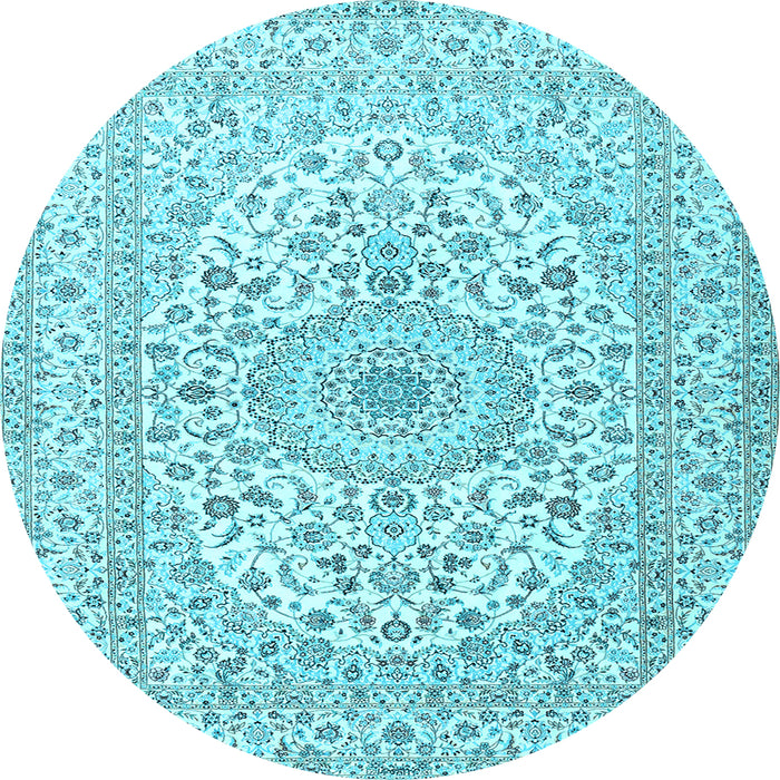Round Machine Washable Medallion Light Blue Traditional Rug, wshtr2642lblu