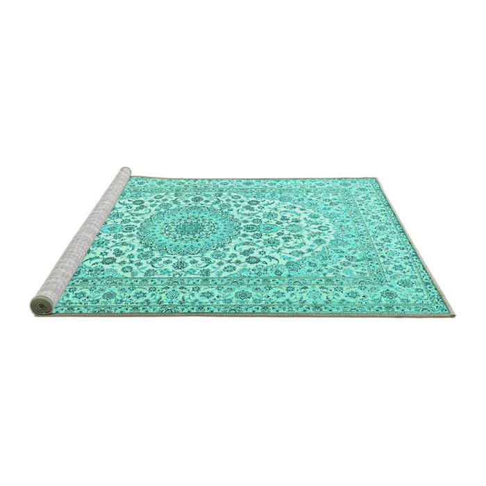 Sideview of Machine Washable Medallion Turquoise Traditional Area Rugs, wshtr2642turq