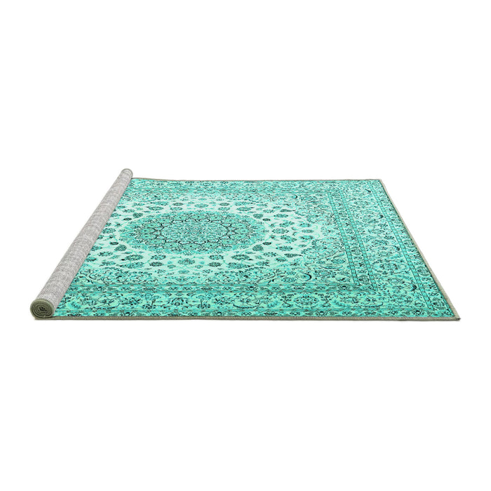 Sideview of Machine Washable Persian Turquoise Traditional Area Rugs, wshtr2644turq